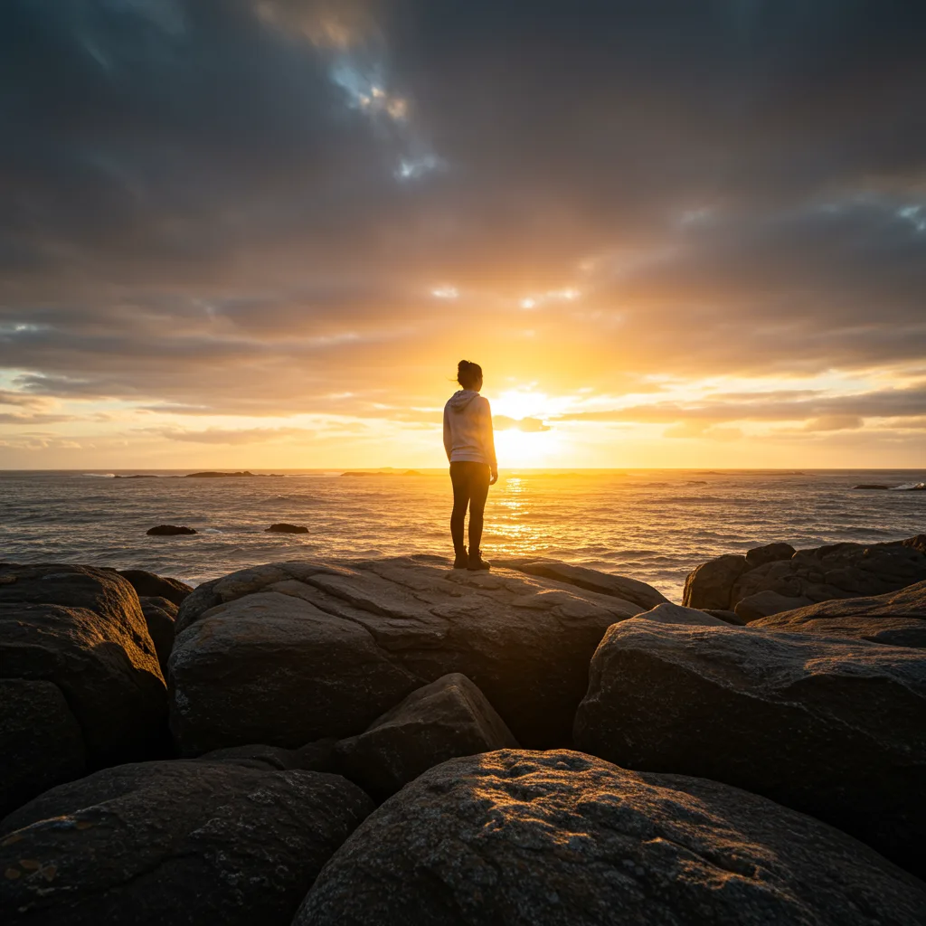 Person overlooking the ocean at sunset